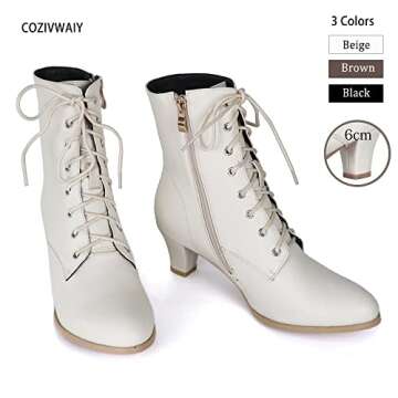 Cozivwaiy Women Vintage Victorian Boots 70s Lace up Ankle Boots Mid Heel Witch Granny Booties Costume Shoes Cone Heel Zipper Almond Toe Beige 7