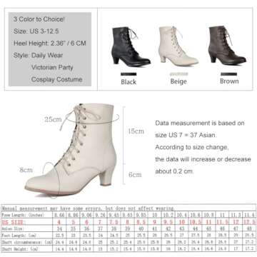 Cozivwaiy Women Vintage Victorian Boots 70s Lace up Ankle Boots Mid Heel Witch Granny Booties Costume Shoes Cone Heel Zipper Almond Toe Beige 7