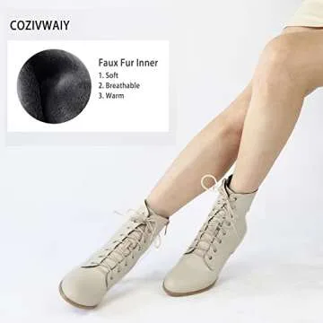 Cozivwaiy Women Vintage Victorian Boots 70s Lace up Ankle Boots Mid Heel Witch Granny Booties Costume Shoes Cone Heel Zipper Almond Toe Beige 7