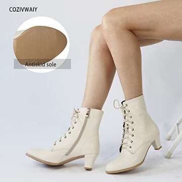Cozivwaiy Women Vintage Victorian Boots 70s Lace up Ankle Boots Mid Heel Witch Granny Booties Costume Shoes Cone Heel Zipper Almond Toe Beige 7