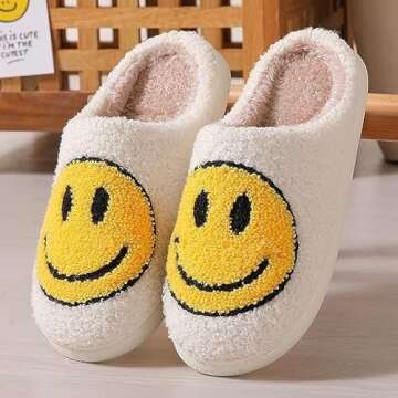 sharllen Smile Face Slippers for Women Men Retro Soft Fluffy Warm Home Non-Slip Couple Style Casual ...