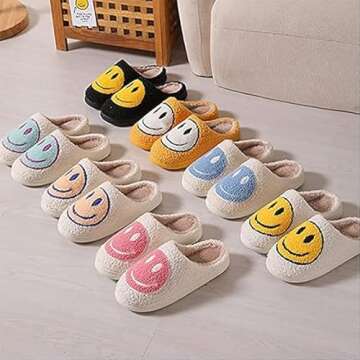 sharllen Smile Face Slippers for Women Men Retro Soft Fluffy Warm Home Non-Slip Couple Style Casual Shoes Anti-Skid Plush Fleece Lined House Shoes for Unisex Slippers Indoor Outdoor