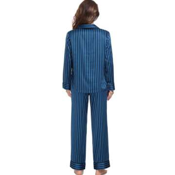 Serenedelicacy Women's Satin Pajama Set Long Sleeve Button Down Sleepwear 2-Piece Striped Silky Pj S...