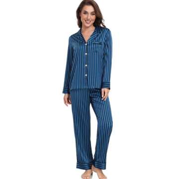 Serenedelicacy Women's Satin Pajama Set Long Sleeve Button Down Sleepwear 2-Piece Striped Silky Pj Set (Medium, Deep Blue/Black, Stripe)