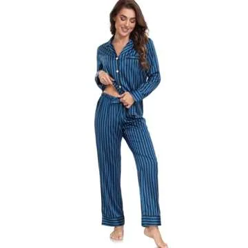 Serenedelicacy Women's Satin Pajama Set Long Sleeve Button Down Sleepwear 2-Piece Striped Silky Pj Set (Medium, Deep Blue/Black, Stripe)