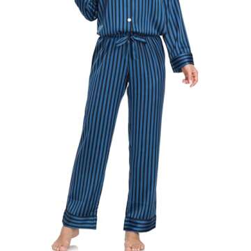 Serenedelicacy Women's Satin Pajama Set Long Sleeve Button Down Sleepwear 2-Piece Striped Silky Pj Set (Medium, Deep Blue/Black, Stripe)