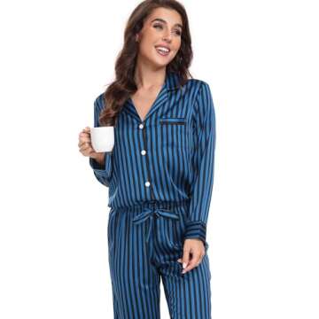 Serenedelicacy Women's Satin Pajama Set Long Sleeve Button Down Sleepwear 2-Piece Striped Silky Pj Set (Medium, Deep Blue/Black, Stripe)