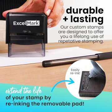 ExcelMark Custom Rubber Stamp – Clean & Easy Stamping – Personalized Self-Inking Stamp (Medium)