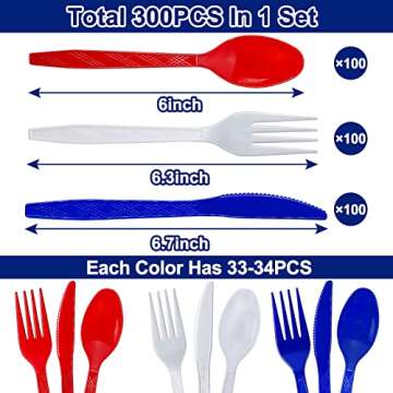Total 300 Pcs Patriotic American Flag Party Supplies, 4th of July Disposable Plastic Cutlery Set Inc...