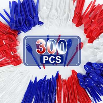 Total 300 Pcs Patriotic American Flag Party Supplies, 4th of July Disposable Plastic Cutlery Set Includes 100 Spoons 100 Forks 100 Knives Red White Blue Decor Independence Day Memorial Day Decorations