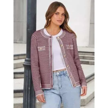 ANRABESS Women's Striped Cardigan Sweaters Casual Long Sleeve Open Front Button Down Knit Cropped Jackets Fall Coat Outerwear Small