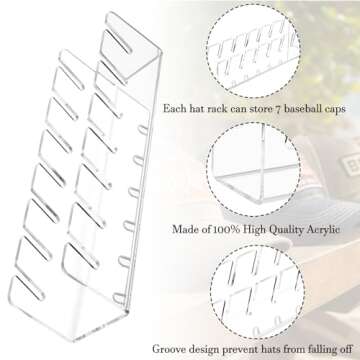 Waipfaru 2 Pcs Hat Stand for Baseball Caps, Acrylic Hat Organizer Display Holder, No Install Hat Rack Shelf for 14 Baseball Caps for Bedroom, Closet, Dresser(Clear)