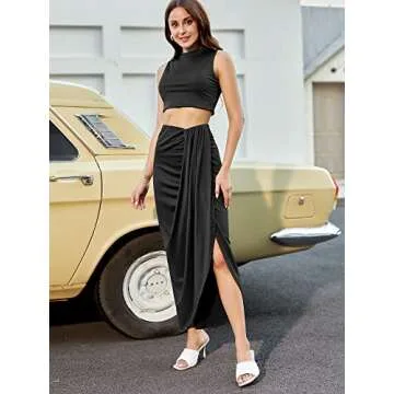ZAFUL Women's Chic Crop Top and Ruched Midi Skirt Set