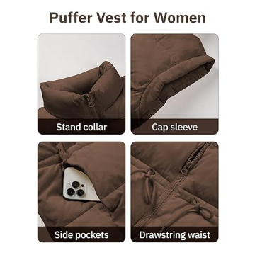 Ameliever Womens Puffer Vest Stand Collar Quilted Zip Up Padded Gilet Puffy Sleeveless Jacket Bubble Vest