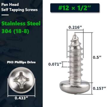 #12 x 1/2" (50 Pack) Stainless Steel Phillips Pan Head Wood Screws, Stainless Steel 304 (18-8), Pan ...