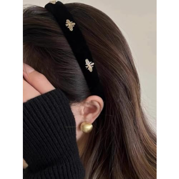 TERSE Black Velvet Headband with White Pearl Accents - Cute Vintage Designer Hair Accessory for Wome...