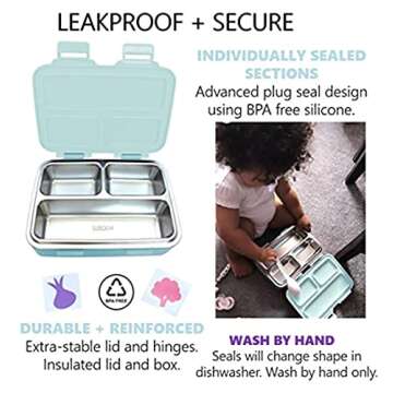 Stainless Steel Mini Lunch Box for Toddler Daycare, Baby Bento for Girls Kids, Eco Metal Portion Sections Leakproof Lid, Pre-School Lunches and Snack Container Ages 3 and up (Soft Green)