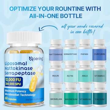 Liposomal Nattokinase 12,000 FU Serrapeptase 360,000 SPU Enzyme Supplement - Enriched with Synergistic Enzymes and Nutrient Blend & Inulin for Circulatory, Gut, Digestion 60 Capsules (1 Bottle)