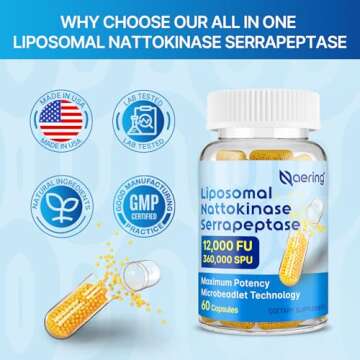 Liposomal Nattokinase 12,000 FU Serrapeptase 360,000 SPU Enzyme Supplement - Enriched with Synergistic Enzymes and Nutrient Blend & Inulin for Circulatory, Gut, Digestion 60 Capsules (1 Bottle)