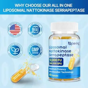 Liposomal Nattokinase 12,000 FU Serrapeptase 360,000 SPU Enzyme Supplement - Enriched with Synergistic Enzymes and Nutrient Blend & Inulin for Circulatory, Gut, Digestion 60 Capsules (1 Bottle)