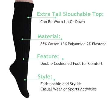 AWS/American Made Slouchy Scrunch Cotton Slouch Socks for Women Shoe Size 5 to 10 (Black, 1 Pair)