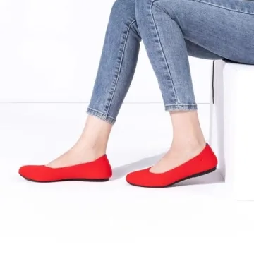 Frank Mully Women’s Knit Ballet Flat Round Toe Slip On Flats Shoes Classic Low Wedge Ballerina Walking Flats Shoes Red, 9