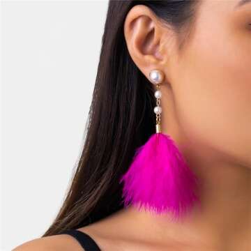 Long Feather Tassel Pearl Dangle Drop Earrings Boho Handmade Colorful Soft Feathers Chandelier Light...