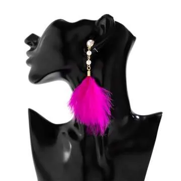 Long Feather Tassel Pearl Dangle Drop Earrings Boho Handmade Colorful Soft Feathers Chandelier Lightweight Pearl Chain Earrings for Women Bohemian Style Wedding Bridal Prom Party Jewelry Gifts (Rose red)