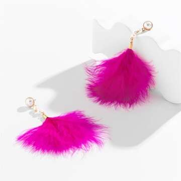 Long Feather Tassel Pearl Dangle Drop Earrings Boho Handmade Colorful Soft Feathers Chandelier Lightweight Pearl Chain Earrings for Women Bohemian Style Wedding Bridal Prom Party Jewelry Gifts (Rose red)