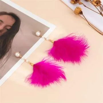 Long Feather Tassel Pearl Dangle Drop Earrings Boho Handmade Colorful Soft Feathers Chandelier Lightweight Pearl Chain Earrings for Women Bohemian Style Wedding Bridal Prom Party Jewelry Gifts (Rose red)
