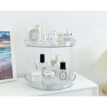 360 Rotating Lazy Susan Bathroom Organizer Countertop, 2 Tier 10.6inch Makeup Organizers for Vanity, Skincare Organizers Perfume Organizer for Bathroom, Make up Organizers and Storage -Clear