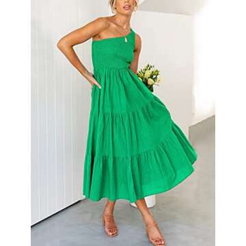 GADSUVI Women One Shoulder Sleeveless Dresses Smocked High Waist Floral Print Boho Pleated Swing Maxi Long Dress