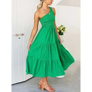 GADSUVI Women One Shoulder Sleeveless Dresses Smocked High Waist Floral Print Boho Pleated Swing Maxi Long Dress