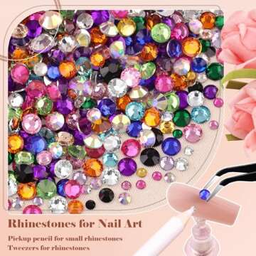 BELLEBOOST Nail Art Rhinestone Glue Gel&2 Boxes Flatback Gems Kit, 1 Tube of 15ml Rhinestone Gel Glue+Colorful Gems+Flat Back Round Glass Crystal AB&Clear Gemstones with Pickup Tools