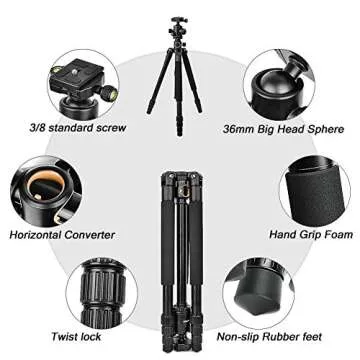 Horizontal Tripod,62''Camera Tripod & Monopod for DSLR, Professional Tripod with Horizontal Arm, 360°Rotatable Metal Ball Head,Aluminum Alloy Tripod for Camera Canon Nikon Sony Olympus Fuji Projector