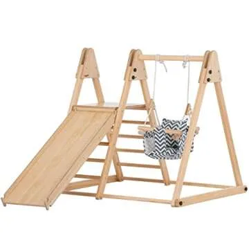 Avenlur 4-in-1 Juniper Indoor Play Gym - Jungle Gym Playset with Baby Swing, Slide, Ladder, and Climbing Wall - Foldable Wooden Playset - Indoor Jungle Gym for Kids Ages 18mo to 6yrs
