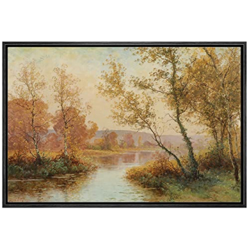 SIGNLEADER Framed Canvas Print Wall Art Autumn Fall River Dawn Forest Trees Nature Wilderness Illust...