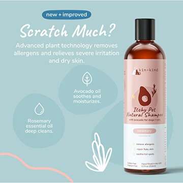 kin+kind Anti-Itch Dog & Cat Shampoo for Itchy Skin and Allergies - Safe, Natural Formula with Olive, Coconut, and Avocado Oil - Made in The USA - Great for Dog Grooming and Cat Supplies (12 fl oz)