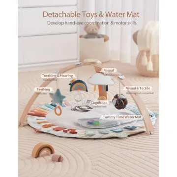 Blissful Diary Baby Play Gym & Mat, 5 Developmental Zones Baby Activity Mat, Wooden Tummy Time Mat with 6 Detachable Sensory Toys for Motor Skills & Sensory Development, Baby Essentials Shower Gift