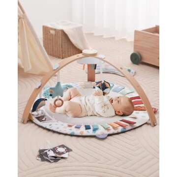 Blissful Diary Baby Play Gym & Mat, 5 Developmental Zones Baby Activity Mat, Wooden Tummy Time Mat with 6 Detachable Sensory Toys for Motor Skills & Sensory Development, Baby Essentials Shower Gift