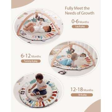 Blissful Diary Baby Play Gym & Mat, 5 Developmental Zones Baby Activity Mat, Wooden Tummy Time Mat with 6 Detachable Sensory Toys for Motor Skills & Sensory Development, Baby Essentials Shower Gift