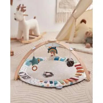 Blissful Diary Baby Play Gym & Mat, 5 Developmental Zones Baby Activity Mat, Wooden Tummy Time Mat with 6 Detachable Sensory Toys for Motor Skills & Sensory Development, Baby Essentials Shower Gift