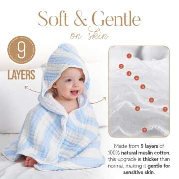 Baby Bath Towels Hooded, 9 Layers Natural Muslin Cotton Baby Bath Towels, 32 X 32 inches Soft and Co...