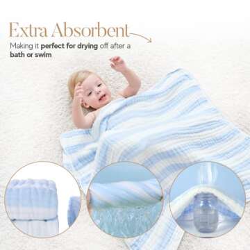 Baby Bath Towels Hooded, 9 Layers Natural Muslin Cotton Baby Bath Towels, 32 X 32 inches Soft and Comfortable Hooded Towel for Toddler,Boys,Girls (Blue Striped)…