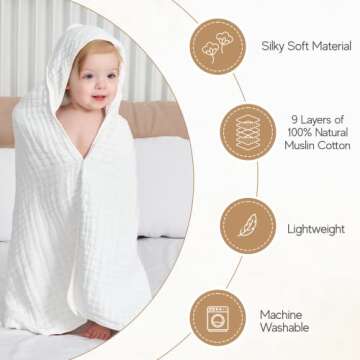Baby Bath Towels Hooded, 9 Layers Natural Muslin Cotton Baby Bath Towels, 32 X 32 inches Soft and Comfortable Hooded Towel for Toddler,Boys,Girls (Blue Striped)…