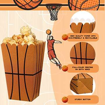 Funtery 24 Pcs Party Popcorn Boxes Popcorn Bags Buckets Container Holder Sport Party Favors for Sport Supplies Decorations(Basketball)