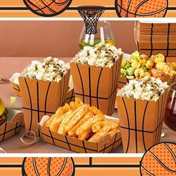 Funtery 24 Pcs Party Popcorn Boxes Popcorn Bags Buckets Container Holder Sport Party Favors for Sport Supplies Decorations(Basketball)