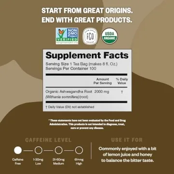 Organic Ashwagandha Tea Bags - 100 Count for Calm