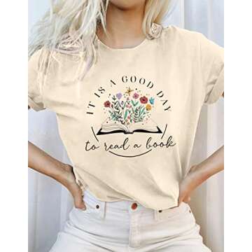 Women Book Shirt Graphic T Shirts Teacher Shirts Book Lovers T Shirt Casual Short Sleeve Tops Apricot