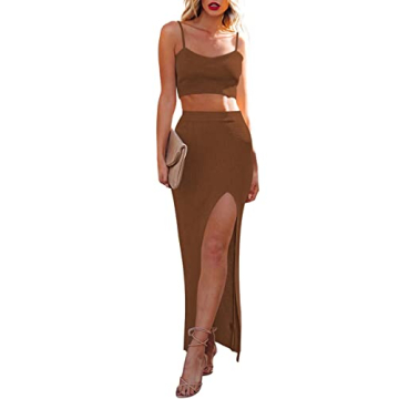 Cutiefox Womens Two Piece Dress Knit Crop Top and Side Slit Bodycon Skirt Sets 2 Piece Outfits Brown...